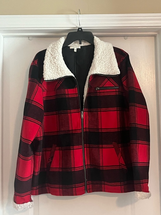 Maurices Jackets & Blazers - Maurices Red and Black Plaid Sherpa-Lined Zip Jacket